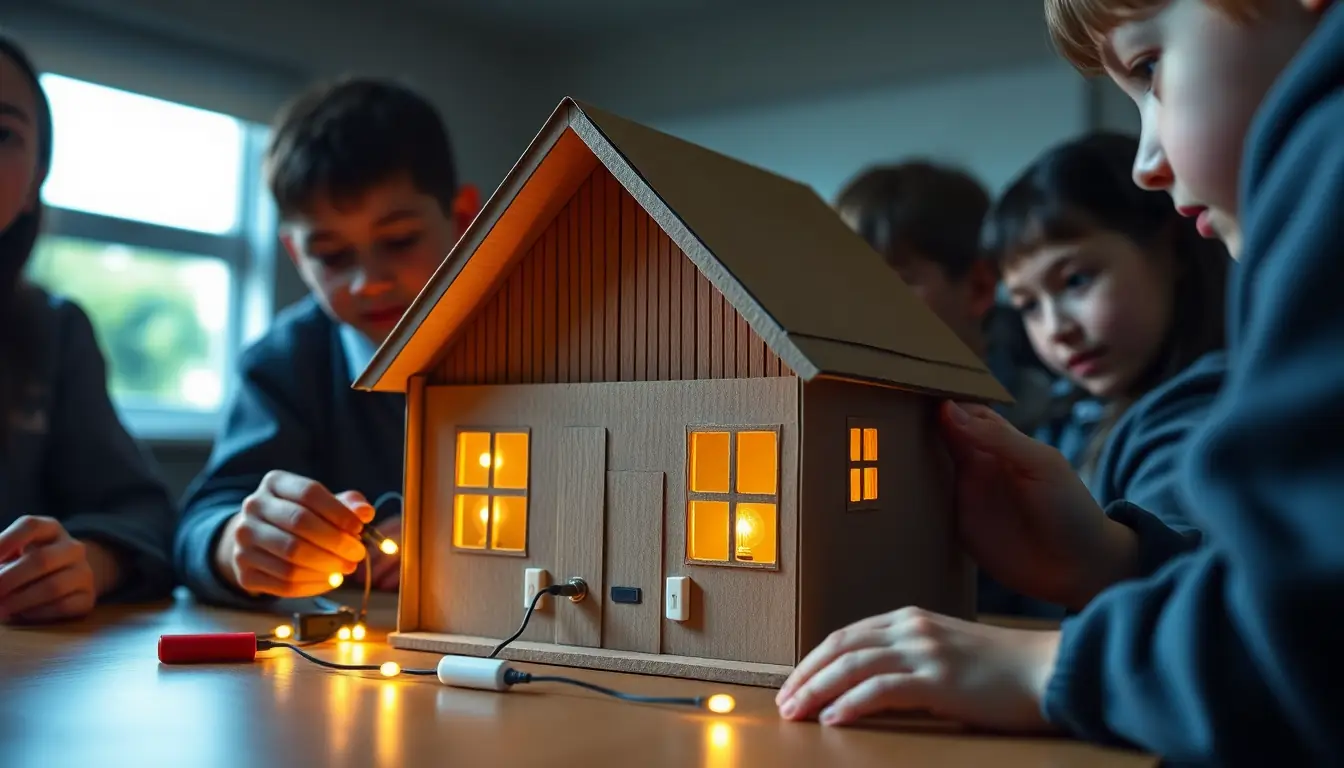 Students wiring small glowing bulbs into a cardboard model house in a dim classroom