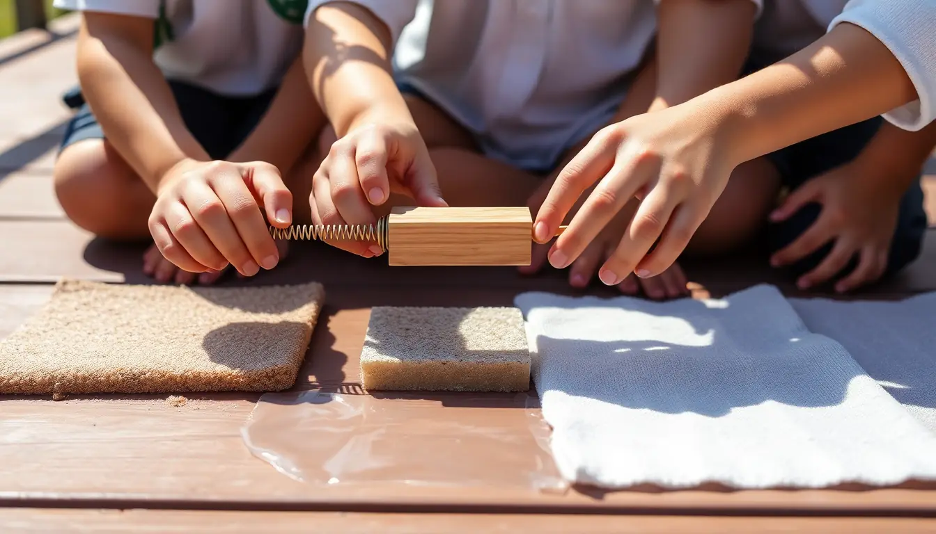 Hands pulling a small wooden block with a spring balance across sandpaper, carpet, plastic and a wet towel to compare friction
