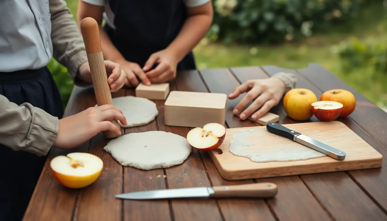 Students at an outdoor table cutting apples and pressing different tools into modelling clay to compare the dents