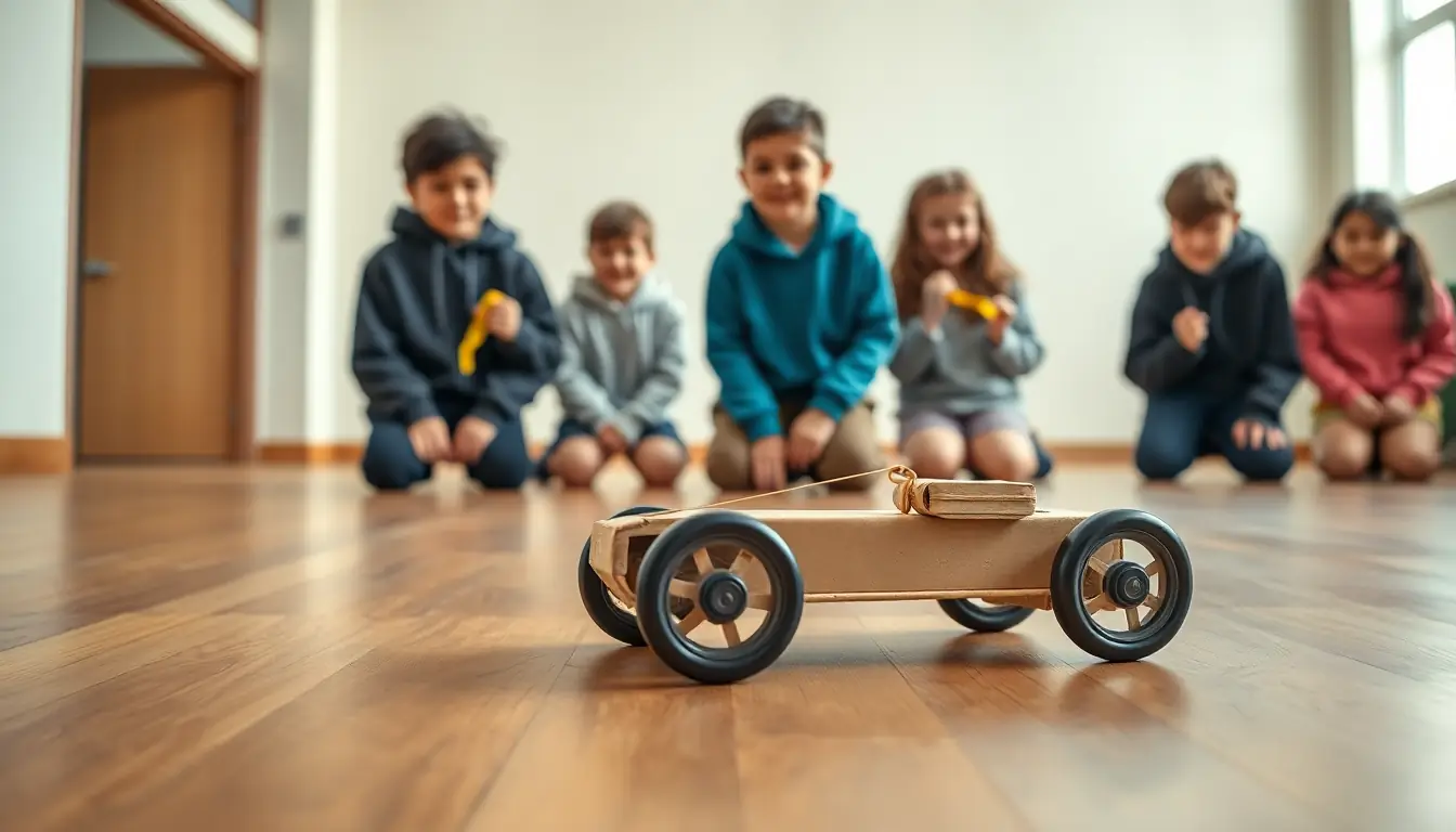 A homemade elastic-band car rolling across a wooden school hall floor while a group of students kneel behind it with a tape measure, watching how far it goes