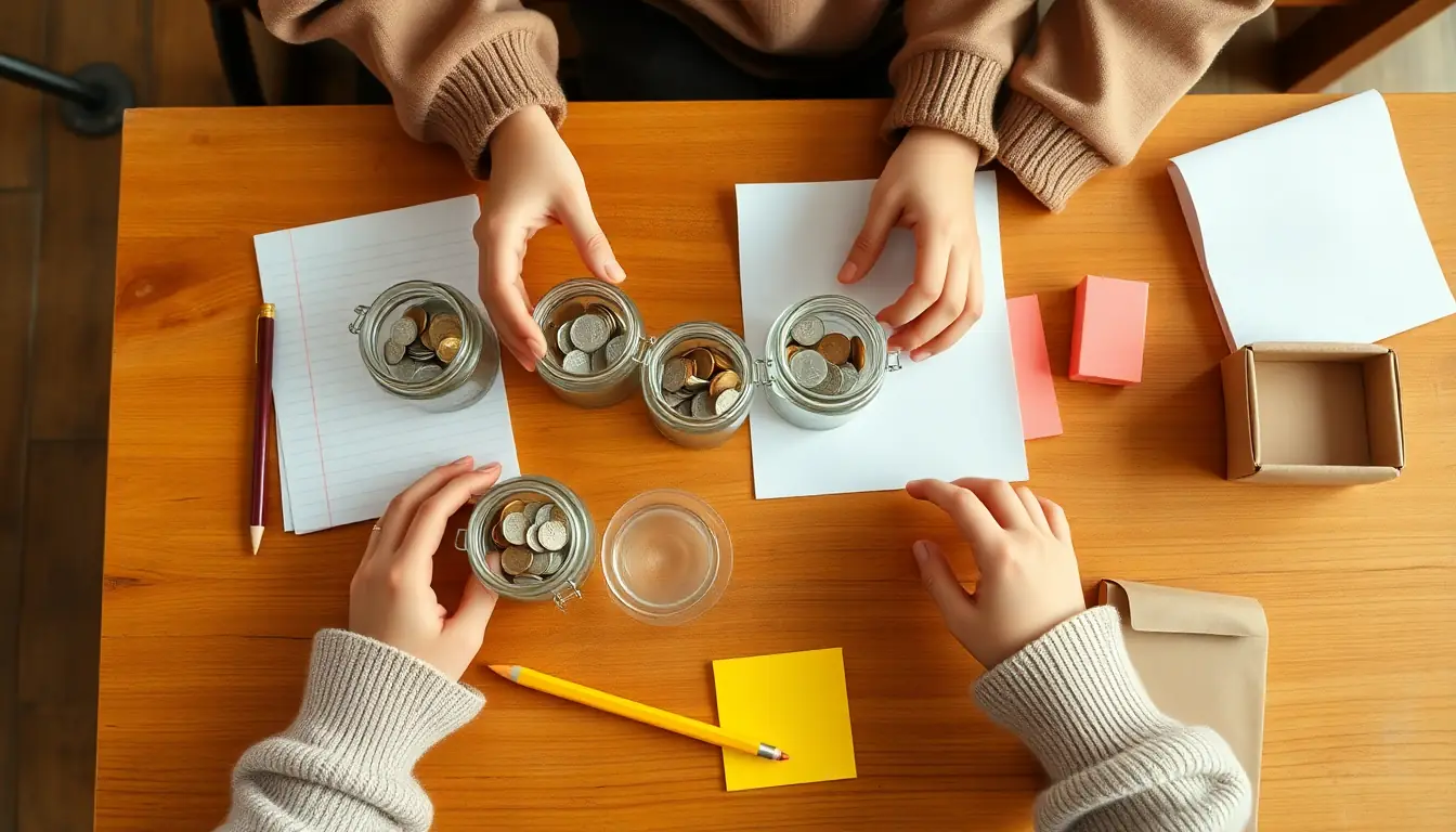 Children's hands sorting coins into glass jars on a wooden table beside blank paper, sticky notes and a pencil