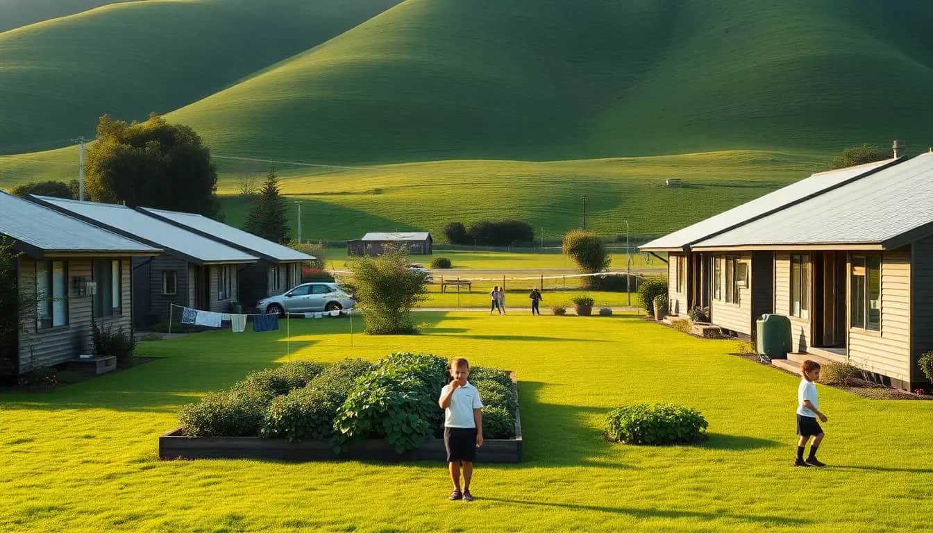 Small timber houses around a shared green lawn with a vegetable garden and a washing line, with rolling green hills behind