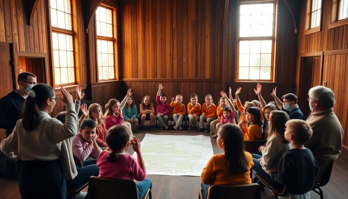 Children and adults sitting in a circle in a wooden community hall, with several children raising their hands to vote over a large map on the floor