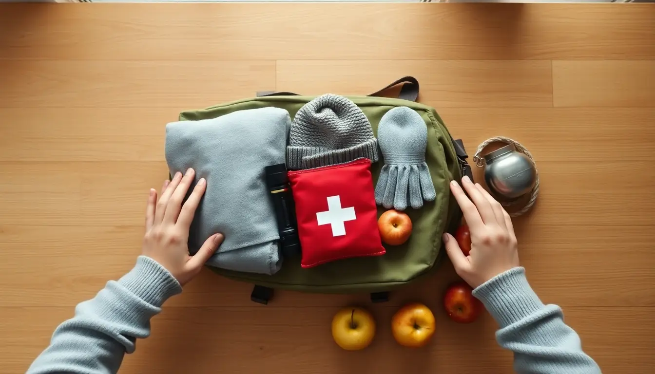 Two hands packing a green emergency grab bag on a wooden table with a folded blanket, a beanie, gloves, a torch, a red first aid pouch, apples and a metal water flask