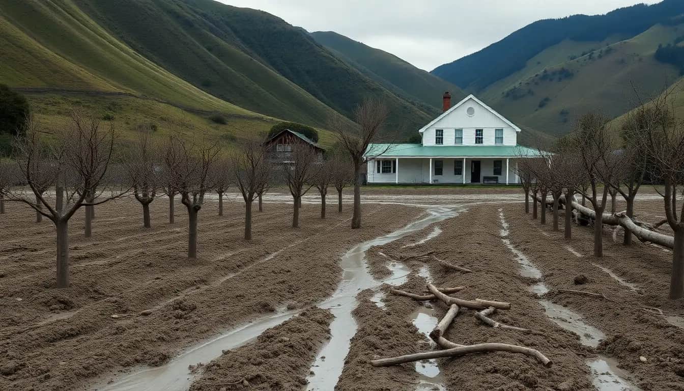 A flood-damaged river valley with orchard trees standing in thick grey silt and a muddy farmhouse beneath green hills