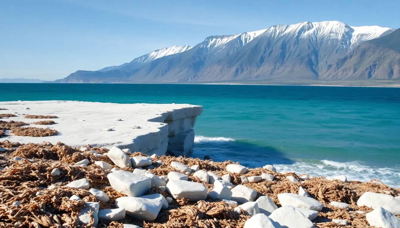 A pale rock platform lifted out of the sea, covered in dried seaweed and white stones, with turquoise water and snowy mountains behind