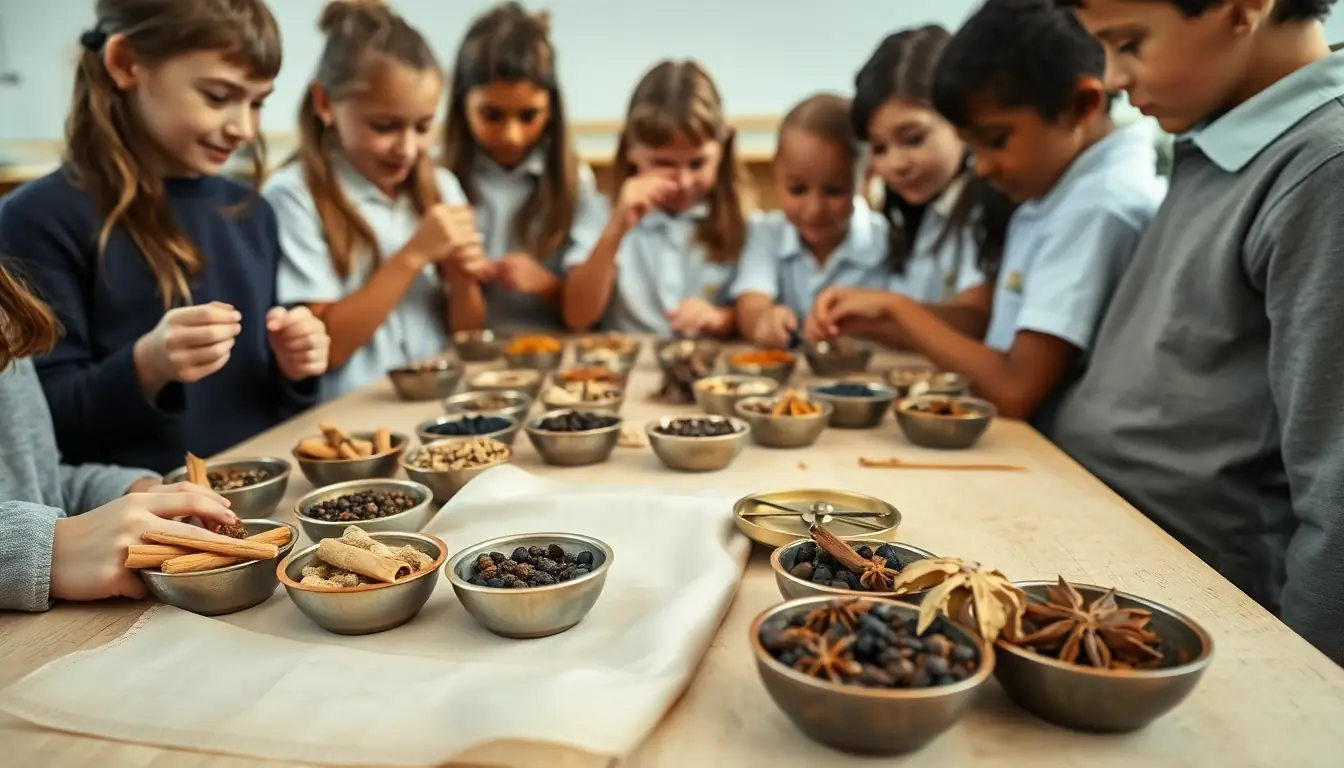 Students gathered around a table of small bowls filled with cinnamon sticks, peppercorns, cloves and star anise, smelling and sorting the spices