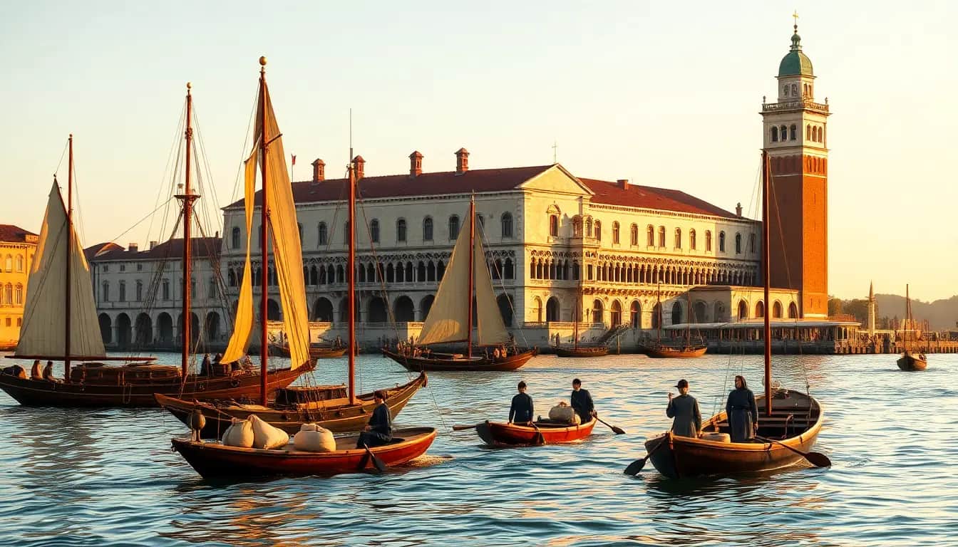 Wooden sailing ships moored beside arched stone buildings in a historical Venice harbour at sunset, with small boats carrying sacks and barrels