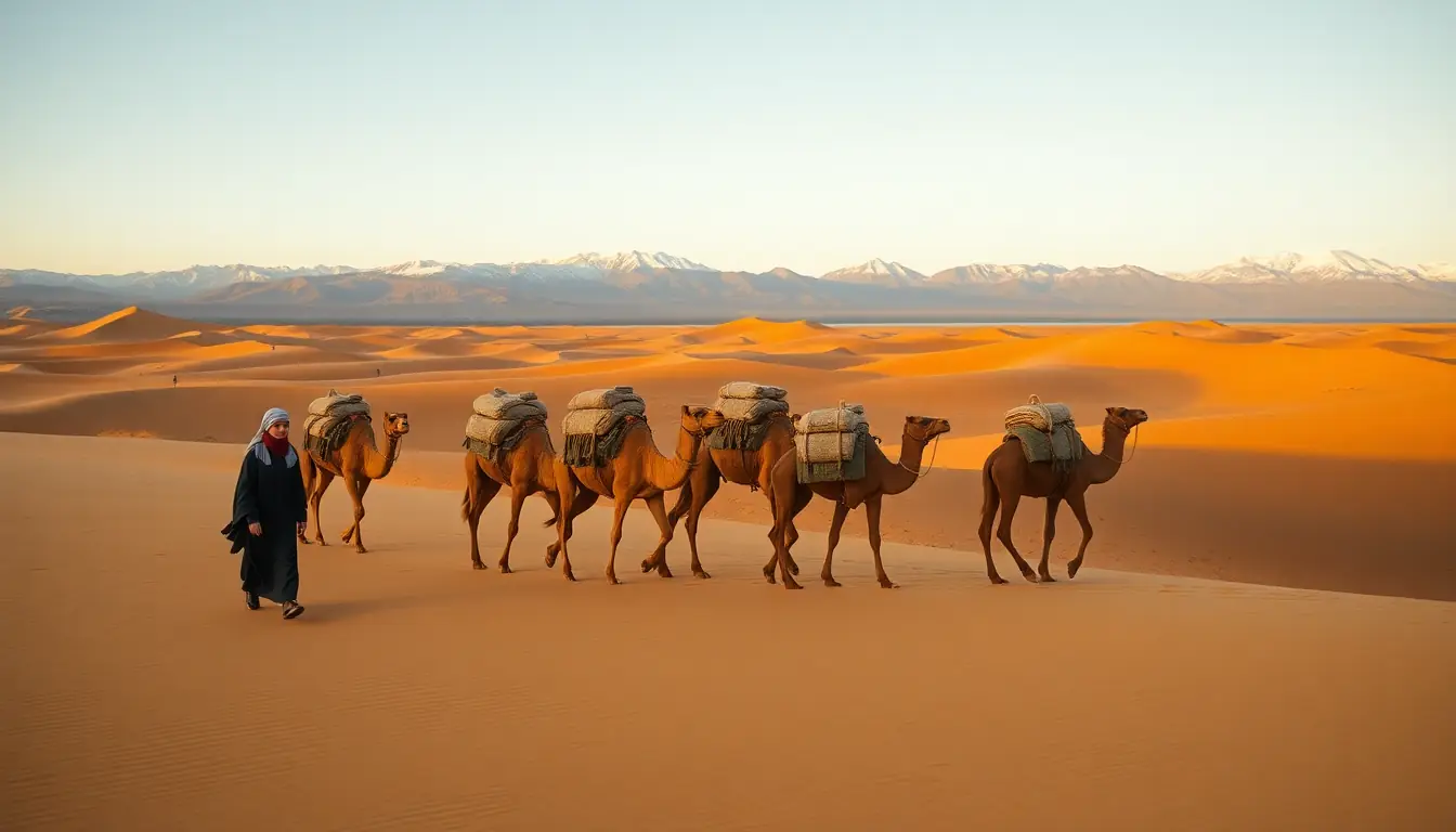 A camel caravan loaded with bundles walking in single file across golden desert dunes at sunset, with snowy mountains in the distance