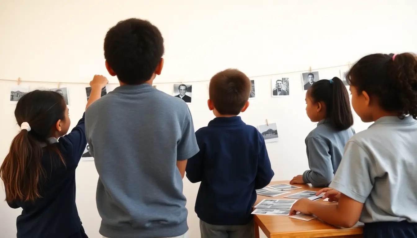 Students seen from behind pegging black and white photographs onto a string timeline across a classroom wall while others sort photos at a table