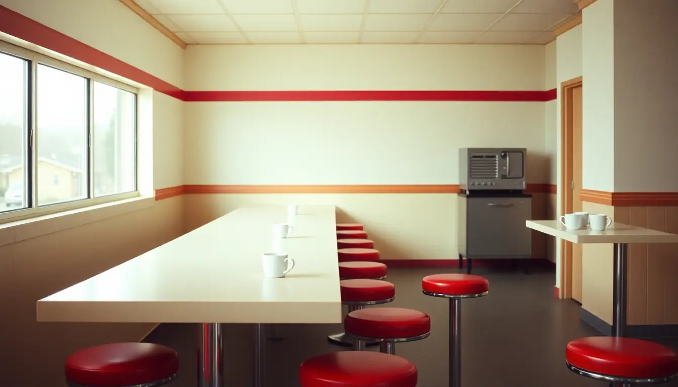 An empty 1960s diner lunch counter with a row of red round stools and white coffee cups in soft window light