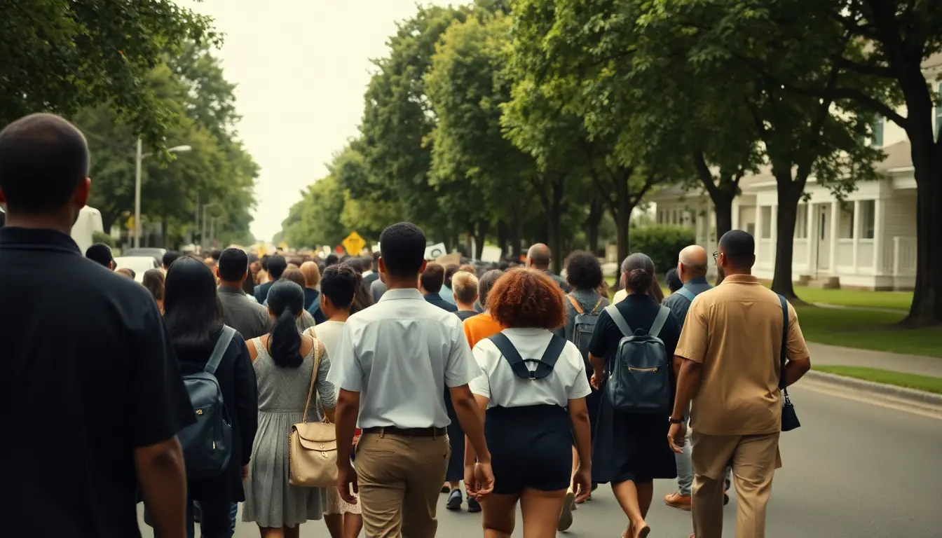A large crowd of people seen from behind walking calmly together down a wide tree-lined street past white wooden houses