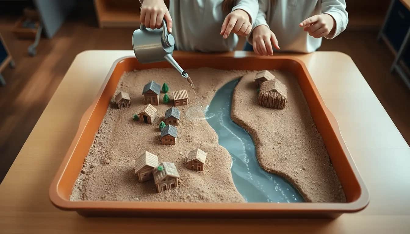 Children's hands pouring water from a watering can onto a sand model of a river valley in a tray, with small model houses on the flat land beside the channel