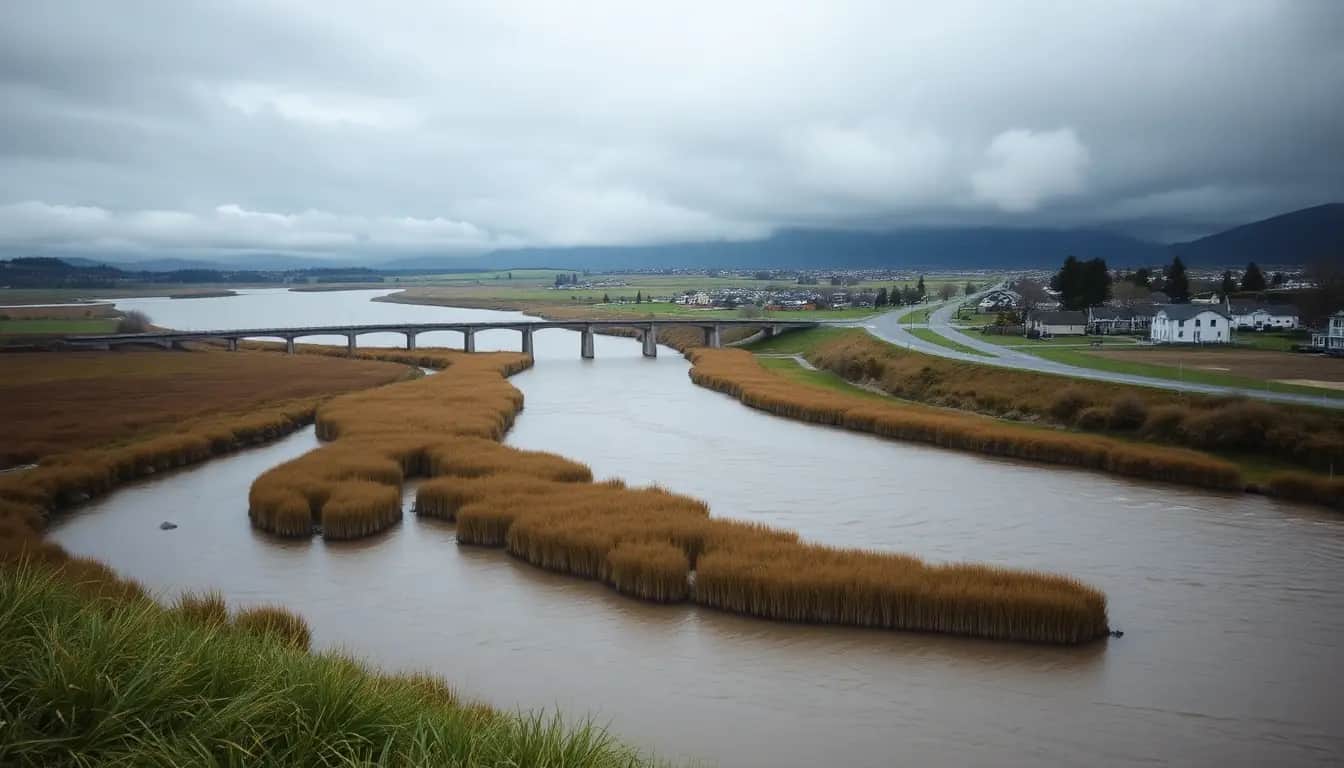 A swollen brown river spreading around reed-covered islands under a grey sky, with a bridge, a road and houses on the flat land beside it
