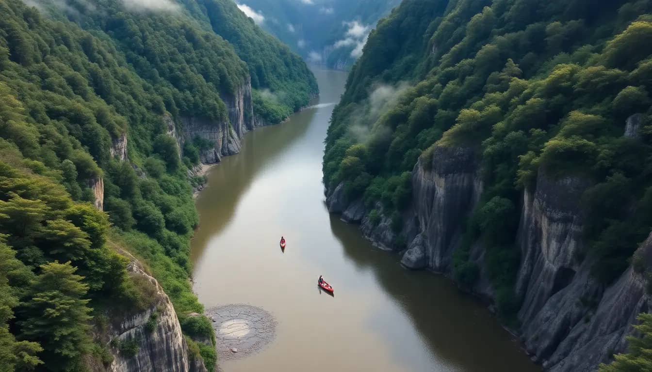 A broad brown river winding through a deep bush-covered gorge with grey papa cliffs, two small red canoes on the water