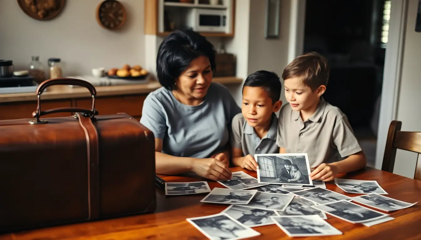 An older woman and two boys at a kitchen table looking through old black-and-white family photographs, with a worn brown leather suitcase beside them