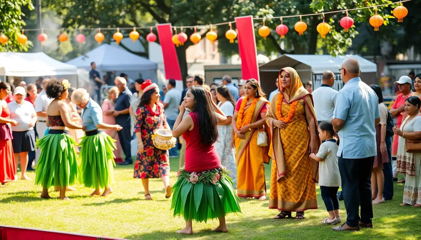 A community festival in a sunny park: dancers in green leaf skirts perform on the grass while women in saris with marigold garlands and other families watch under paper lanterns
