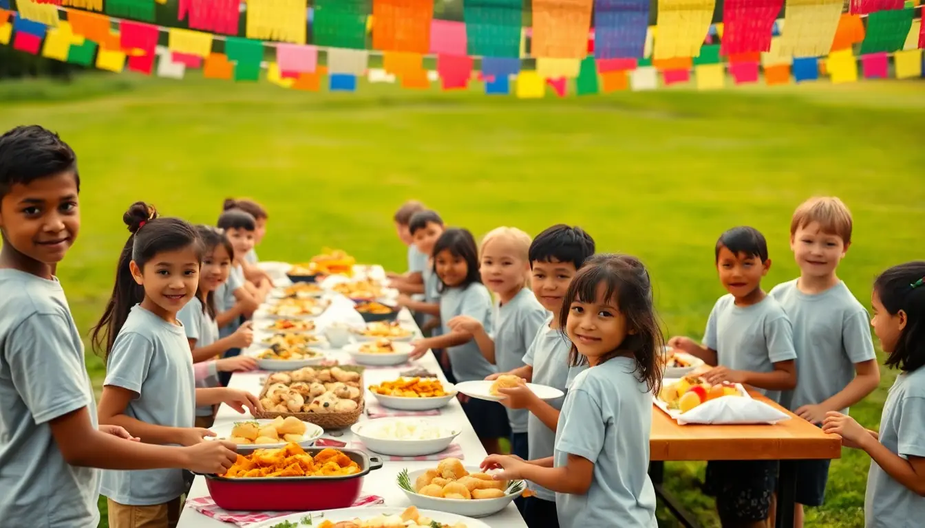 Children in matching grey T-shirts serving themselves from long outdoor tables of shared food on a grassy field, under strings of brightly coloured bunting