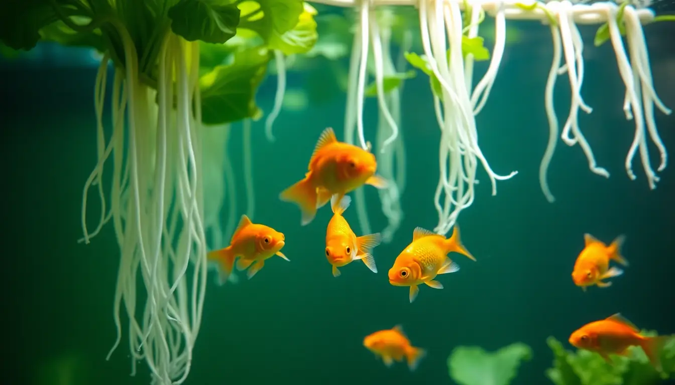 Orange goldfish swimming beneath the long white roots of lettuce plants hanging into the water