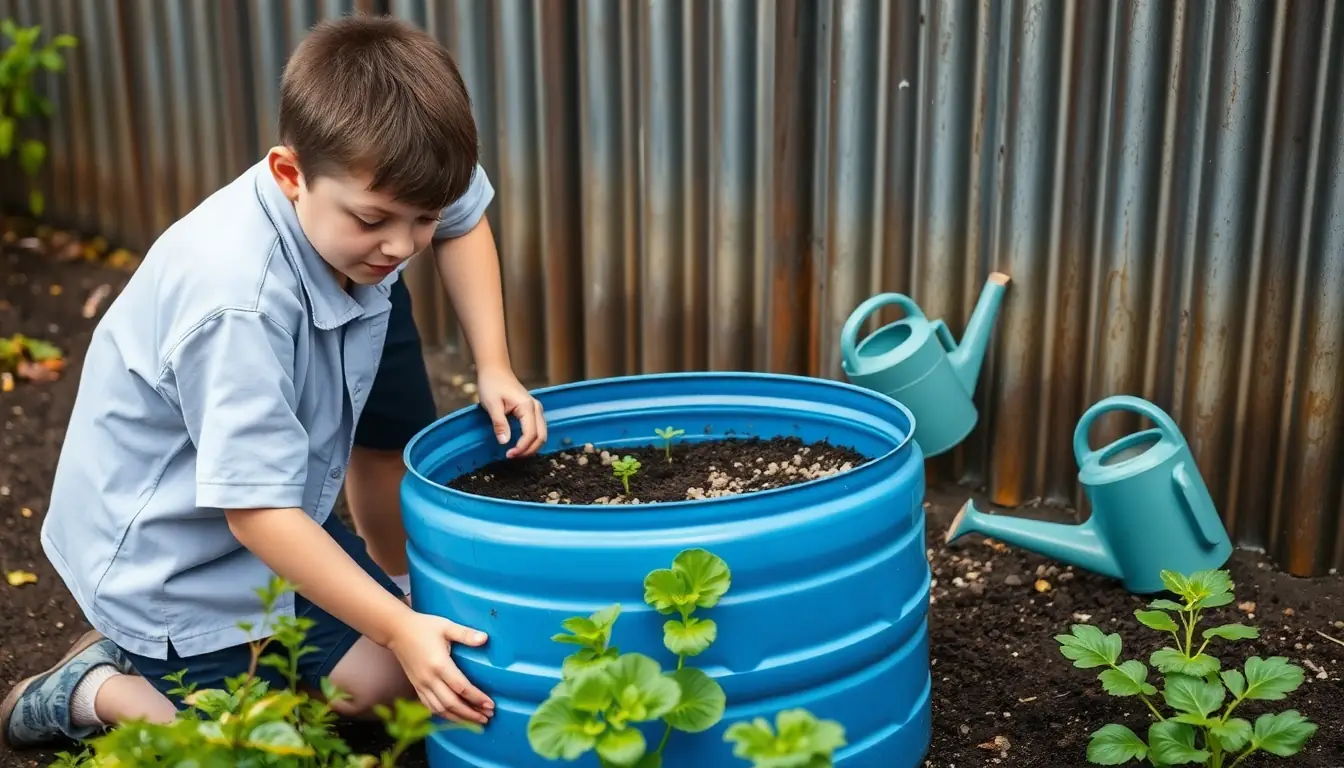 A student filling a recycled blue plastic barrel with gravel and soil to make a wicking garden bed