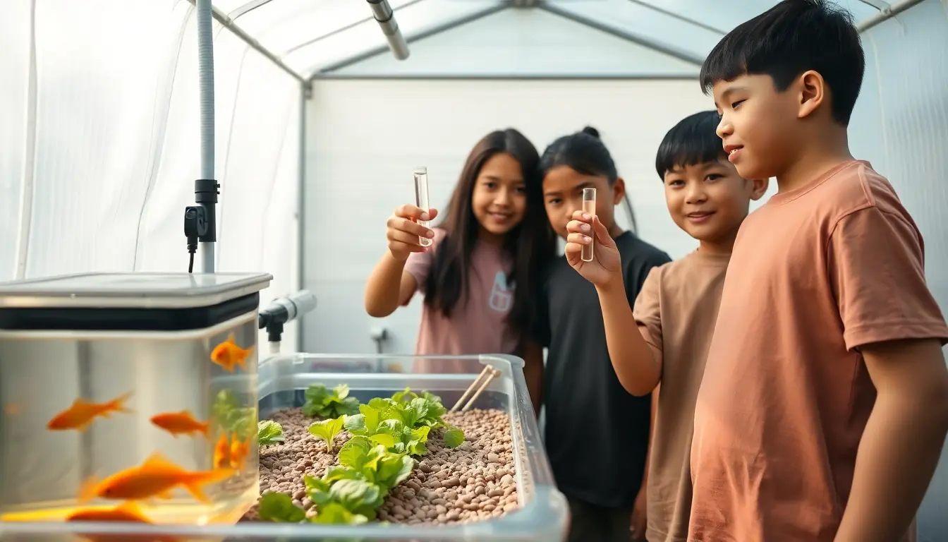 Students holding up test tubes of water beside a goldfish tank and a grow bed of lettuce seedlings in a greenhouse