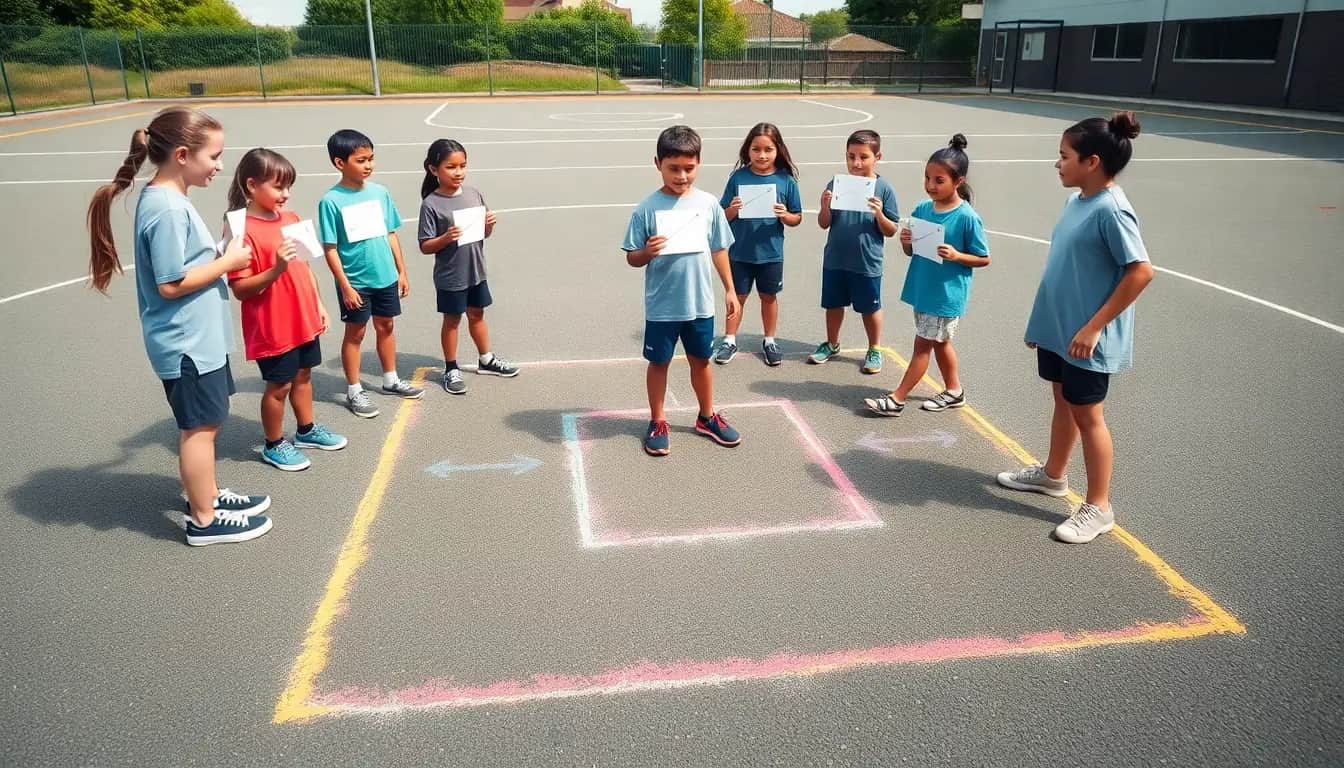 Students on a netball court play an unplugged coding game on a chalk grid, holding up arrow cards to guide a classmate acting as a robot.