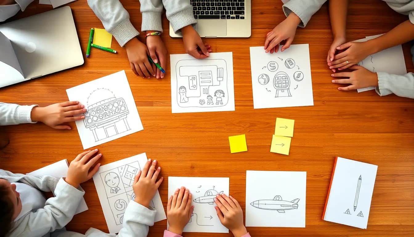 Hands arrange hand-drawn storyboard panels of cartoon characters, a maze, coins and a rocket on a table.