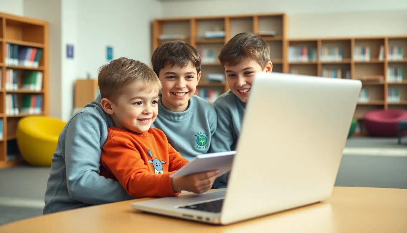 Two older students sit beside a younger child playing a colourful game on a laptop in a school library, taking notes as they watch.