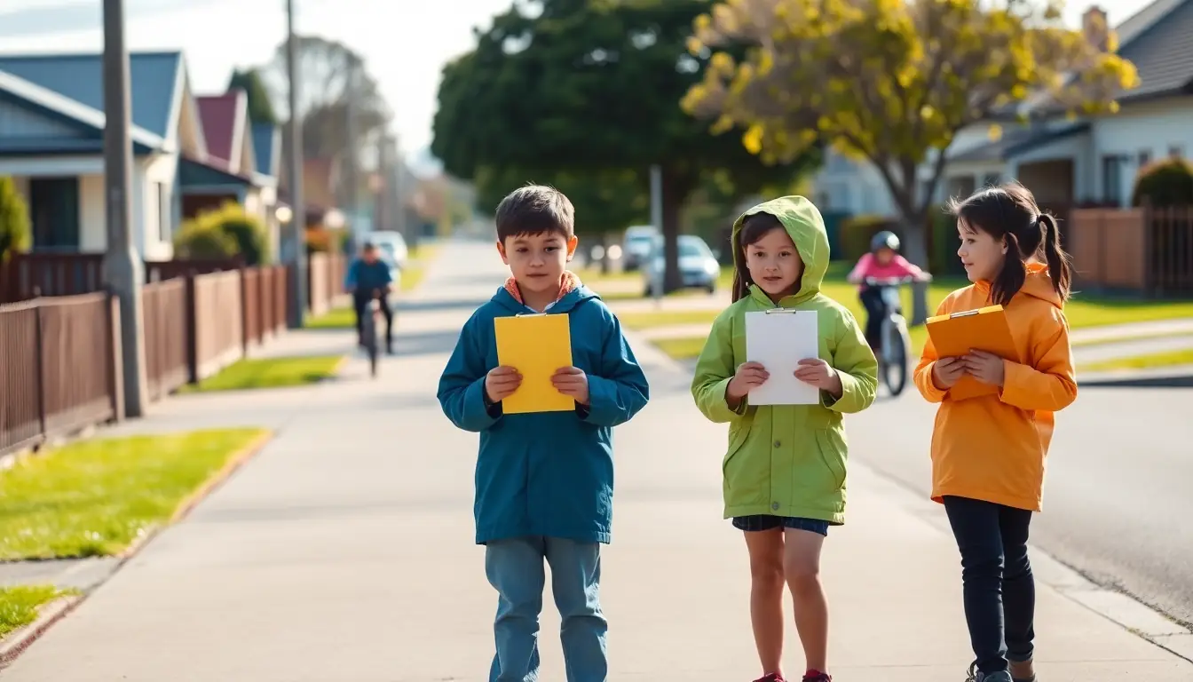 Three students in bright raincoats walk along a suburban footpath holding clipboards while a cyclist rides past, collecting data about how people travel.