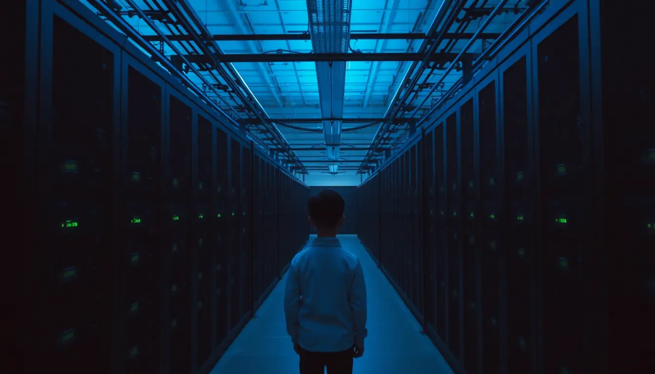 A young person stands in a long blue-lit corridor between tall racks of computer servers with small green lights.