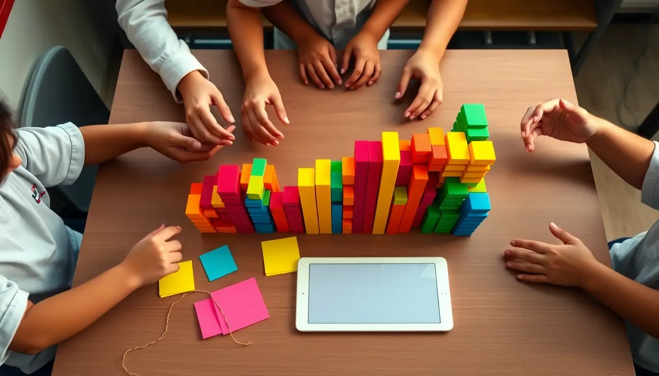 Seen from above, the hands of several students sort coloured counters and blocks into stacked columns that make a real-life bar graph on a classroom table.