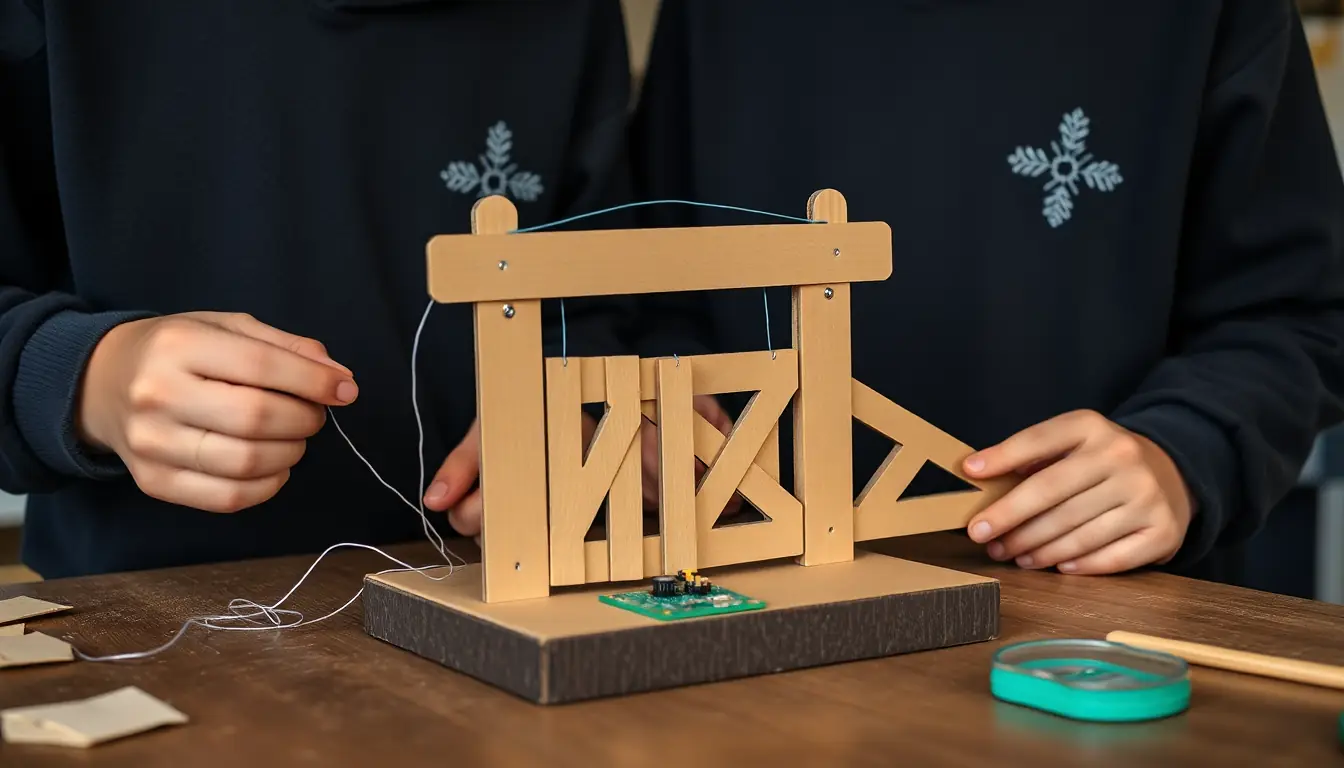 Two students test a cardboard model farm gate that opens with a small yellow geared motor and string, wired to a circuit board.