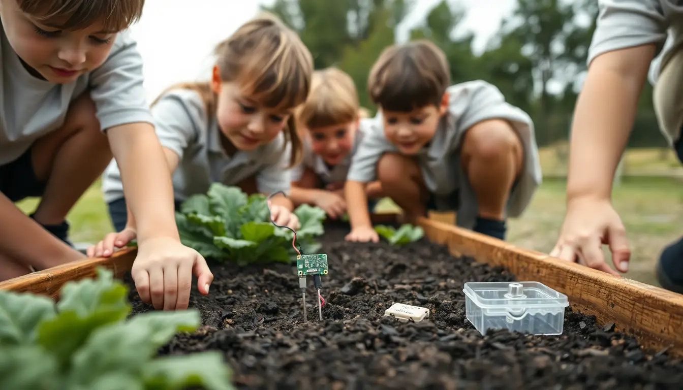 Students kneel beside a raised garden bed and push a two-pronged soil moisture sensor into the soil.