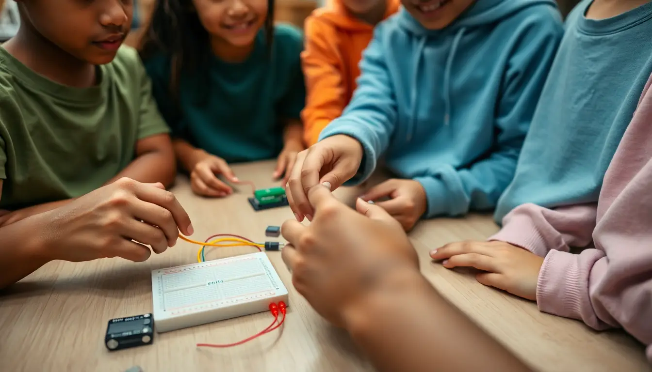 Students crowd round a table of breadboards, coloured wires and glowing LEDs while one presses a push button to light an LED.