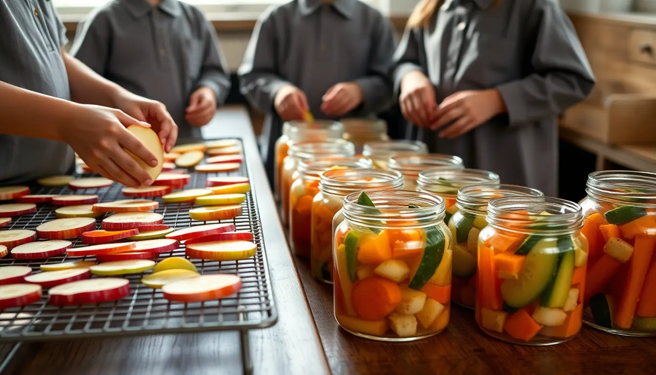 Hands arranging thin apple slices on a drying rack beside rows of jars of pickled carrots and cucumbers
