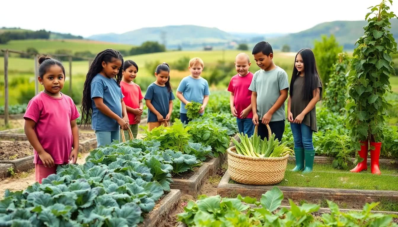 Students harvesting silverbeet and beans into woven baskets in a garden with green hills behind