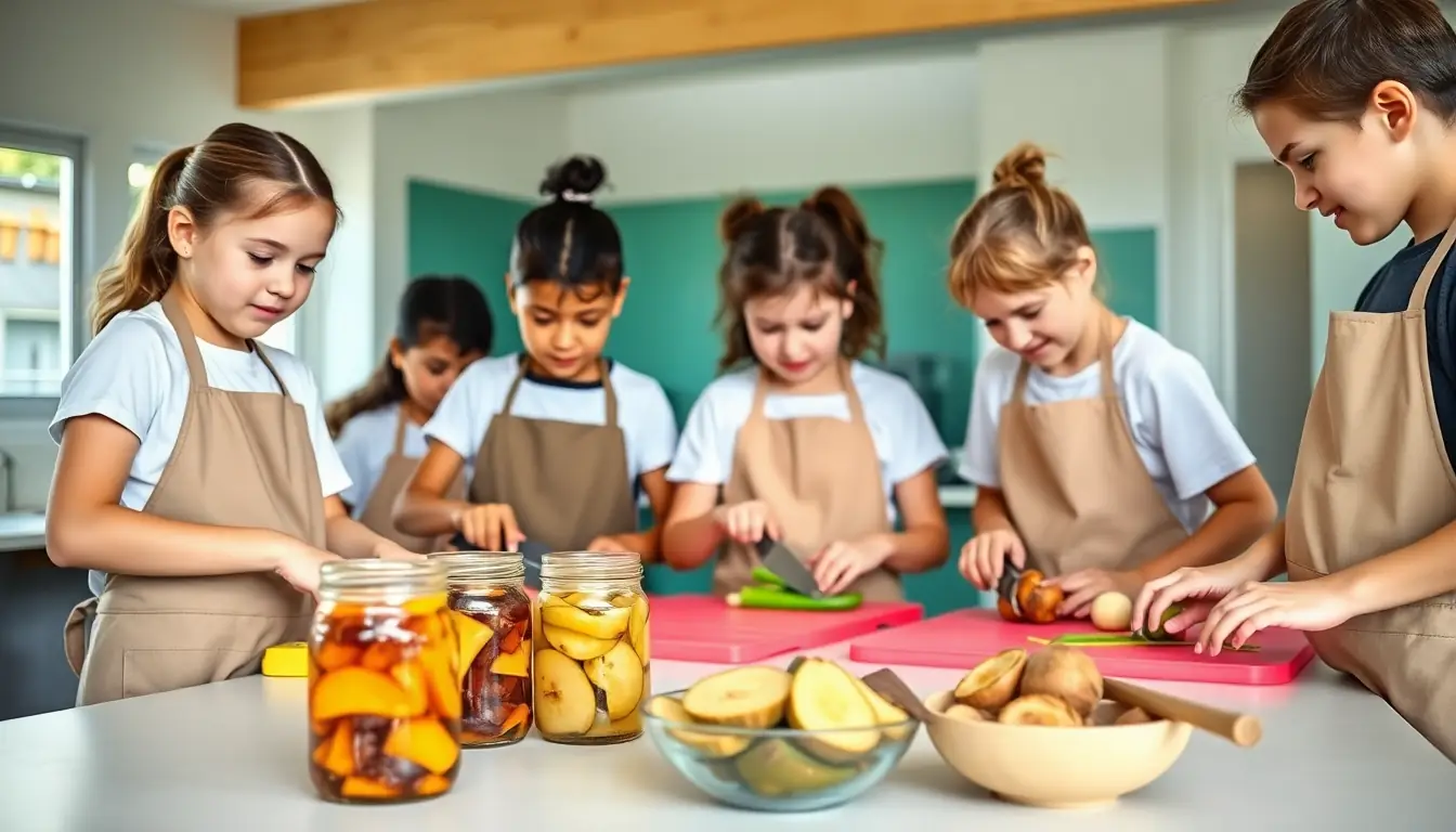 Students in aprons chopping vegetables on colourful chopping boards beside jars of preserved fruit