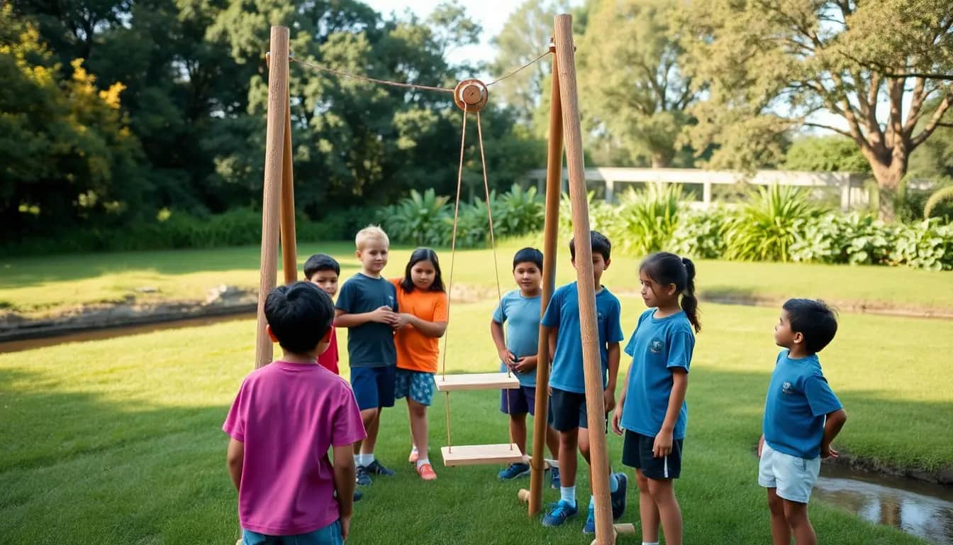 Students on a school field beside a stream test a model flying fox strung between two braced wooden towers.