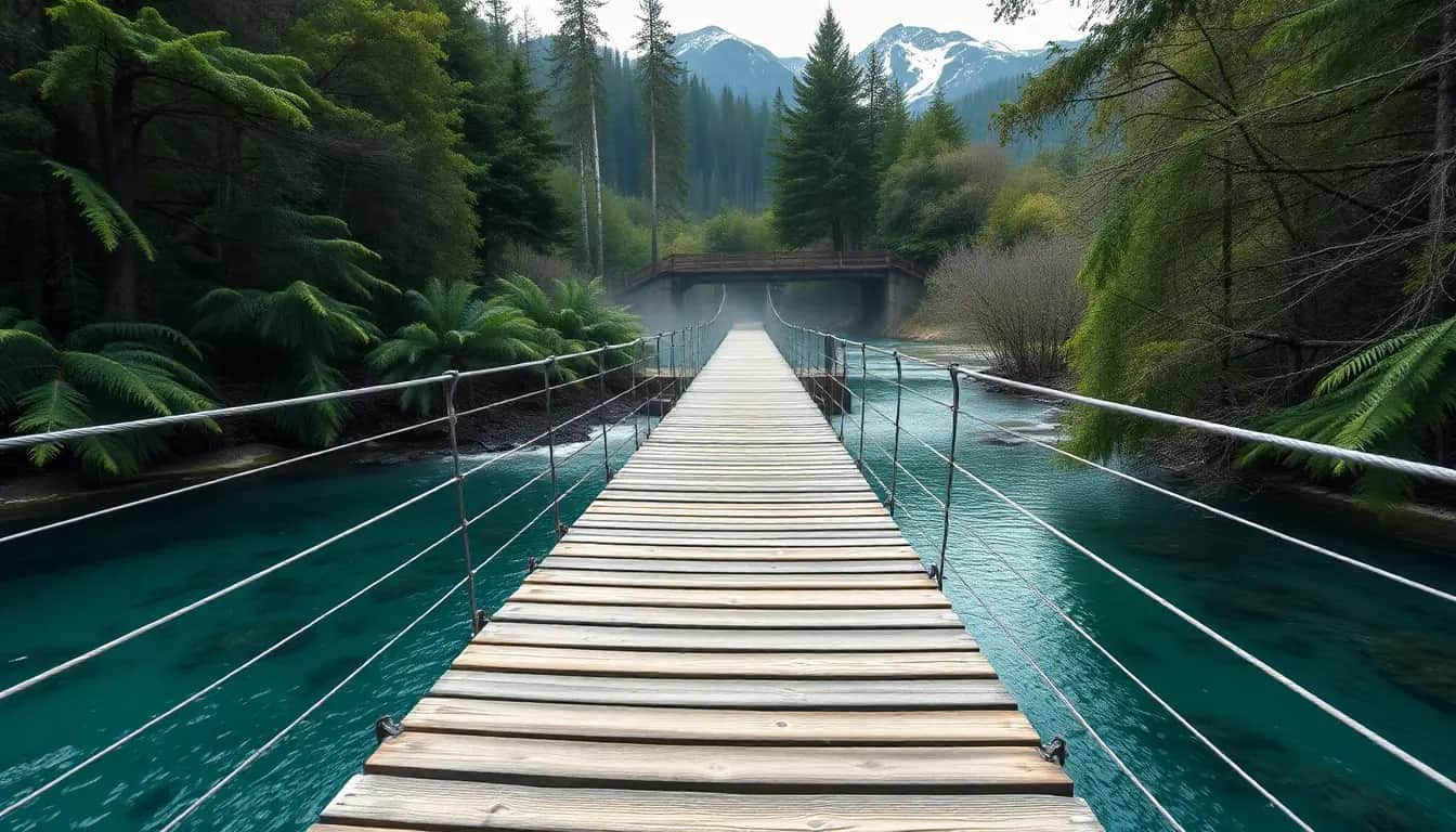 A long swing bridge with wire cables crosses a turquoise river through native beech forest.