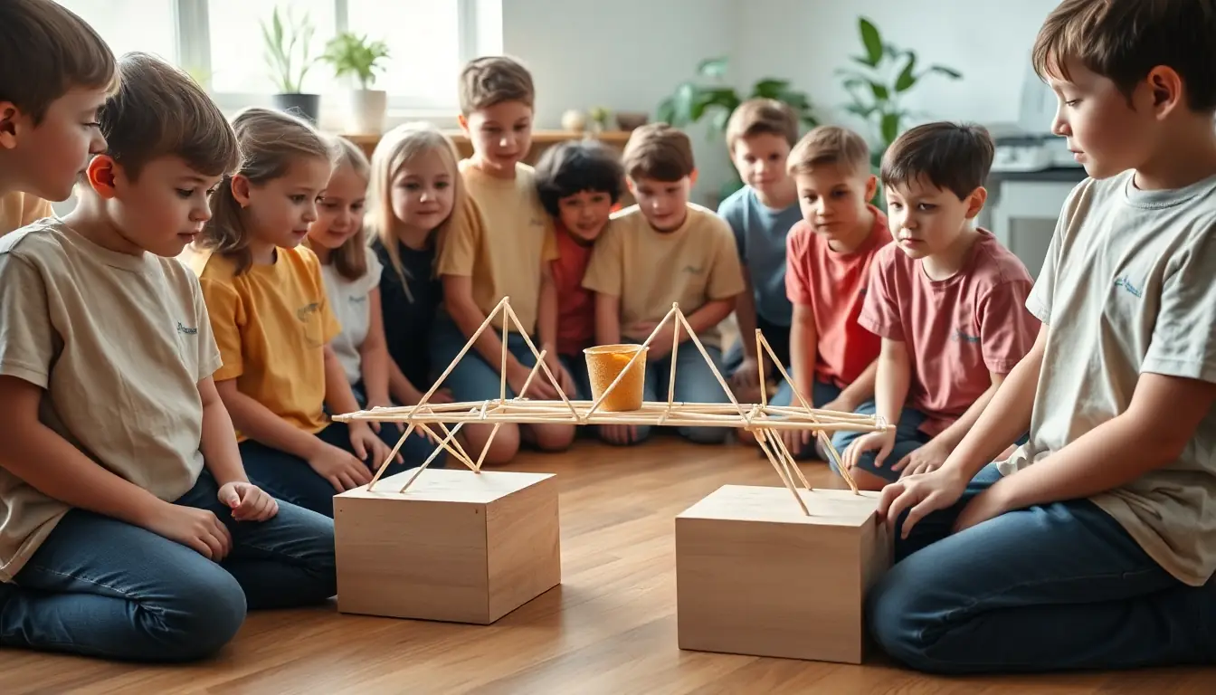 A group of intermediate students test a model truss bridge made of straws and skewers by hanging a small bucket of sand from its middle.